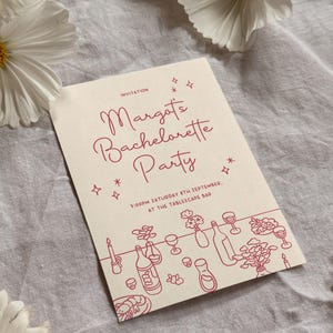 Customisable table menu for a supper club, birthday party, or dinner party, wine tasting nights, bachelorette party, or hens. Printable editable menu and invite / invitation. Minimal and cute style. Colours, food placements, and chairs are editable.