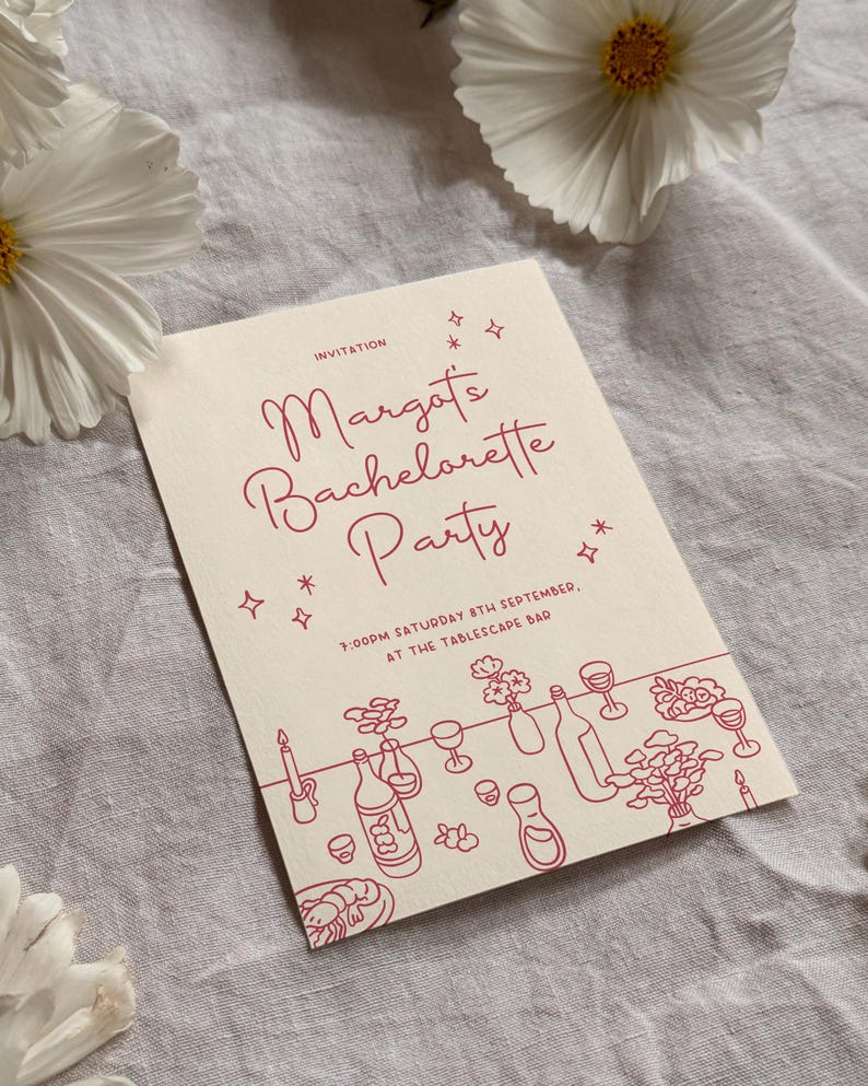 Customisable table menu for a supper club, birthday party, or dinner party, wine tasting nights, bachelorette party, or hens. Printable editable menu and invite / invitation. Minimal and cute style. Colours, food placements, and chairs are editable.