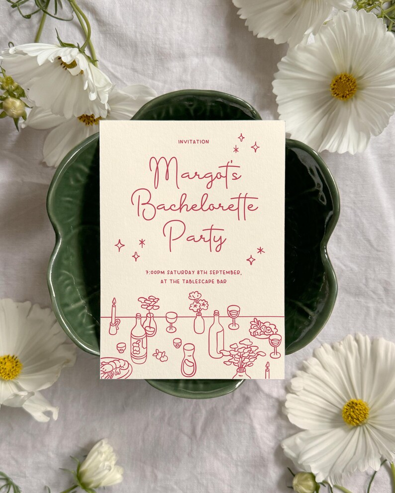 Minimal cute table menu invite. Customisable invitation for supper clubs, dinner parties, birthday parties, bachelorette parties, hen dos, new year celebrations, and special occasions! Customise a dinner invite to print at home or in a print shop.