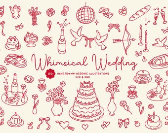 150+ Whimsical Hand Drawn Wedding Illustration Collection | Wedding Clipart | Wedding Icons | Wedding Illustrations PNG and SVG | Digital