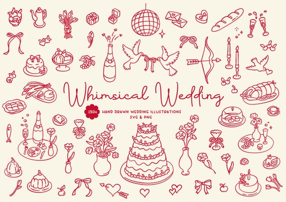 150+ Whimsical Hand Drawn Wedding Illustration Collection | Wedding Clipart | Wedding Icons | Wedding Illustrations PNG and SVG | Digital