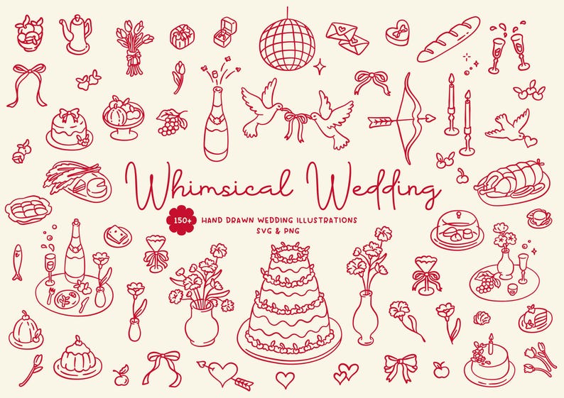 150+ Whimsical Hand Drawn Wedding Illustration Collection | Wedding Clipart | Wedding Icons | Wedding Illustrations PNG and SVG | Digital