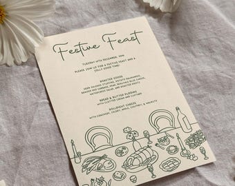 Festive Celebration Christmas Roast Dinner Party Invite, Hand Drawn Printable Customisable Customizable Cute Digital Template Invtiation