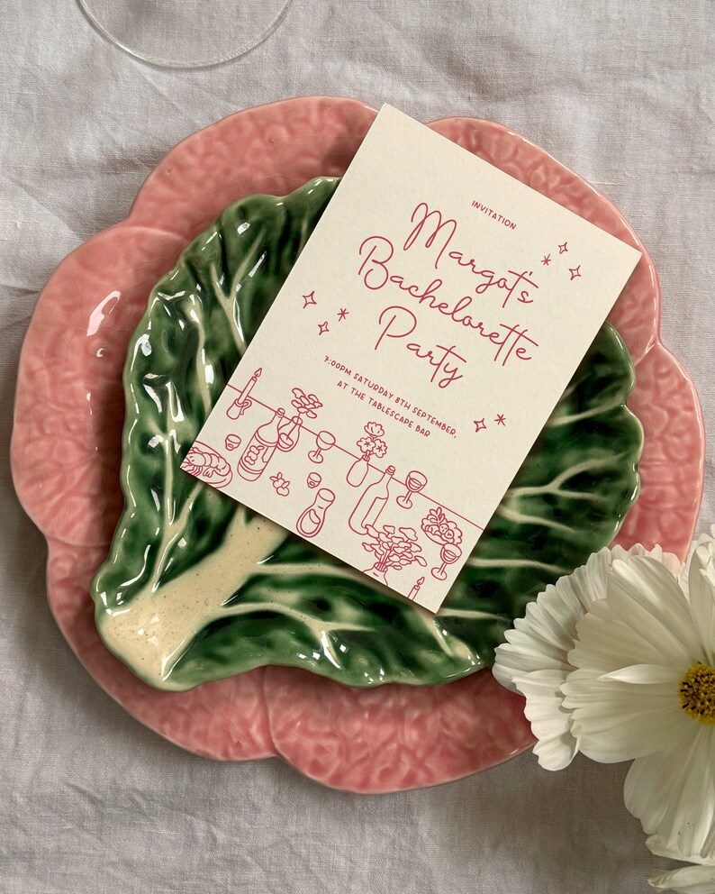 Customisable printable supper club menu, bachelorette party invite, hen do, personalised invite. Create cute and minimal custom invites with TablescapeInvites! This supper club invite template includes over 60 hand drawn illustrations.