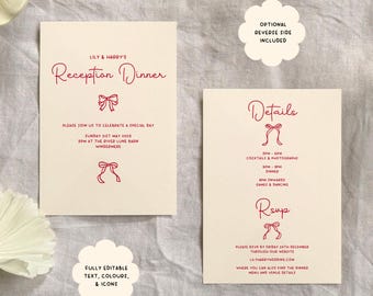 Whimsical Hand Drawn Wedding Invite Reception Dinner Invitation Template, Printable Customizable Digital Hand Drawn Bows and Ribbons