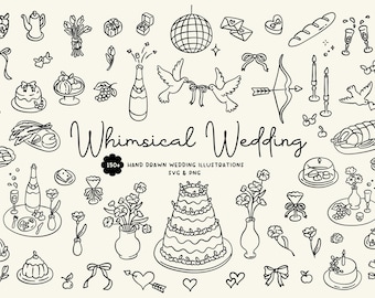 150+ Whimsical Hand Drawn Wedding Illustration Collection | Wedding Clipart | Wedding Icons | Wedding Illustrations PNG and SVG | Digital