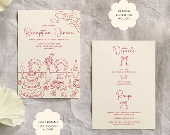 Whimsical Hand Drawn Wedding Invite Reception Dinner Invitation Template, Printable Customisable Customizable Digital Hand Drawn
