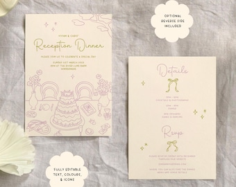 Whimsical Cute Playful Hand Drawn Wedding Invitation Reception Dinner Invite Template Printable Customisable Customizable Digital Hand Drawn