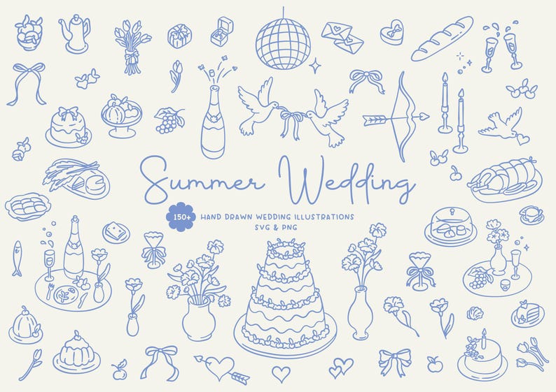 150+ Whimsical Hand Drawn Summer Wedding Illustration Collection | Wedding Clipart | Wedding Icons | Wedding Illustrations PNG and SVG | Digital