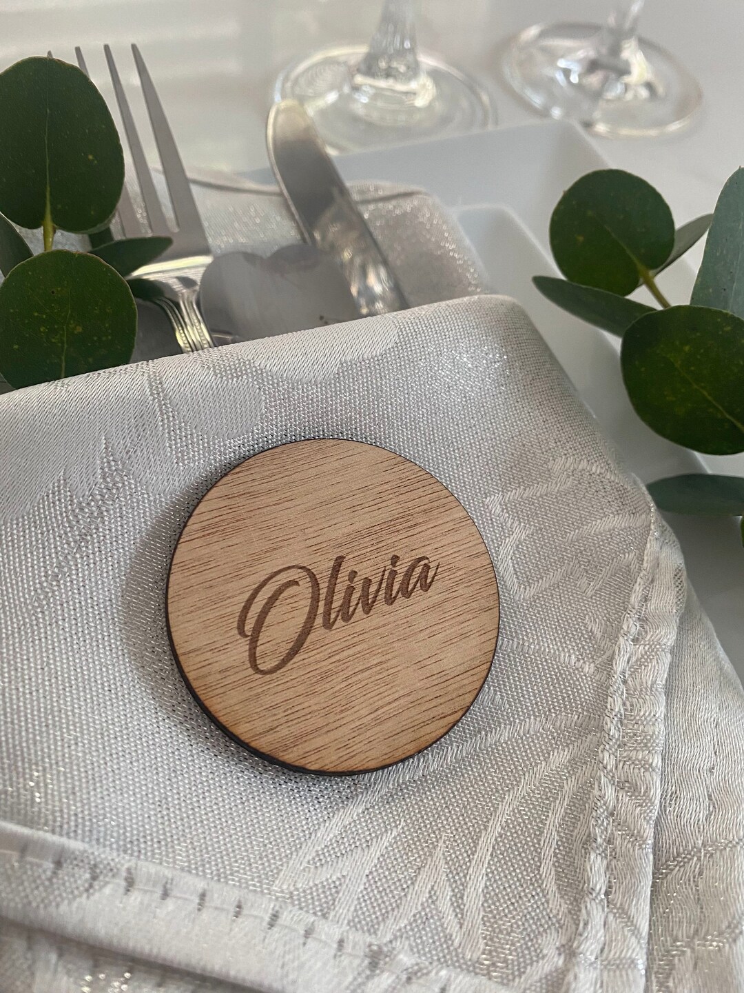 Wooden Laser Cut Name Card Personalised Disc Place Table Setting Decorations Party Favour for