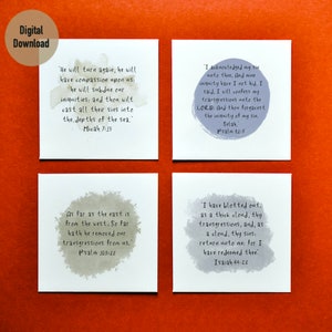 Tarjetas de memoria de las Sagradas Escrituras de la versión King James para imprimir: Juego de acuarela con versículos bíblicos sobre el perdón (6 tarjetas)