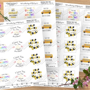 May include: Printable treat tags featuring a variety of designs, including a bee with the text "Keep Bee-ing Cool!" and a school bus with the text "First Day Back to School".