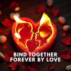 May include: A red heart-shaped candle with two facing profiles, with flames at the top. Scattered around are red heart-shaped petals and small white spheres. The image includes the text: BIND TOGETHER FOREVER BY LOVE.