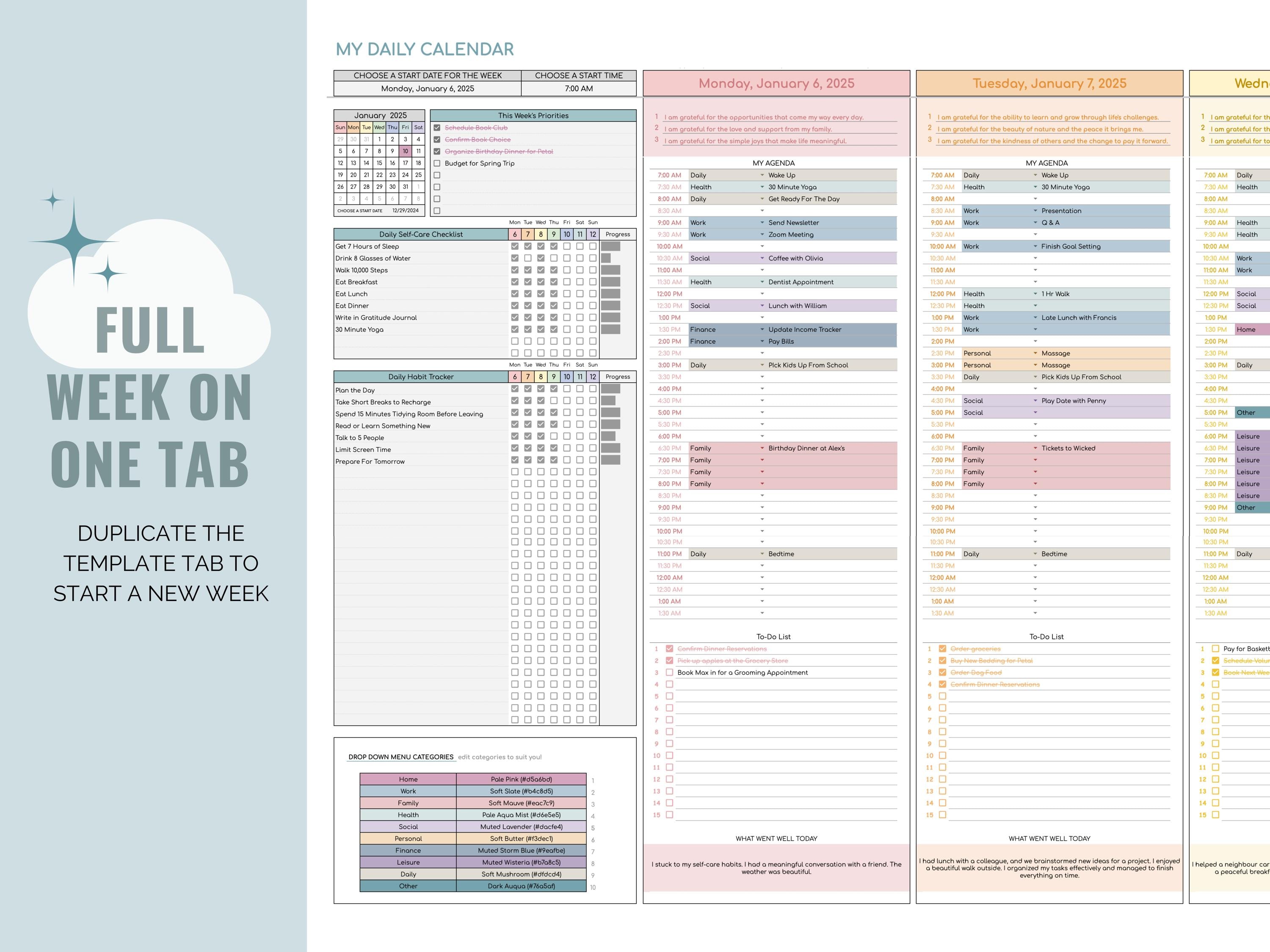 Weekly Digital Planner: Google Sheets Calendar, Habit & Task Tracker ...