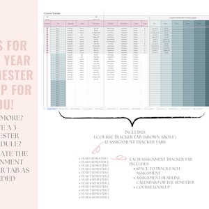 May include: A printable planner with tabs for each year and semester. The planner includes a course tracker tab and 12 assignment tracker tabs. Each assignment tracker tab includes space to track each assignment, assignment deadline, a calendar for the semester, and a course look up.