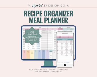 Recipe Organizer Google Sheets: Meal Planner with Grocery List, Smart Calendar (Digital Download)