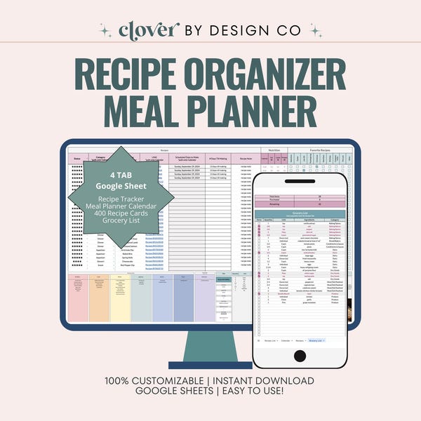 Recipe Organizer Google Sheets: Meal Planner with Grocery List, Smart Calendar (Digital Download)