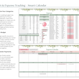 May include: A digital wedding budget and expense tracking calendar. The top section displays an expense summary with a pie chart and bar graphs. The bottom section shows a calendar for tracking expenses. Text includes "Customize Your Categories" and "Track Vendor Payments."