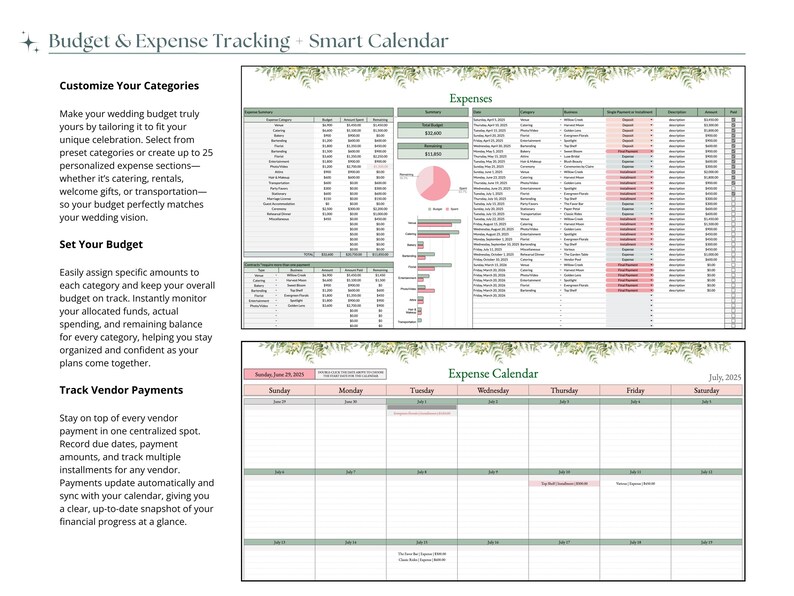 May include: A digital wedding budget and expense tracking calendar. The top section displays an expense summary with a pie chart and bar graphs. The bottom section shows a calendar for tracking expenses. Text includes "Customize Your Categories" and "Track Vendor Payments."