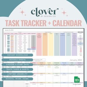 Takentracker met slimme maandelijkse kalender en gewoontetracker Google Spreadsheets-spreadsheet, takenlijst maandplanner, productiviteitstracker