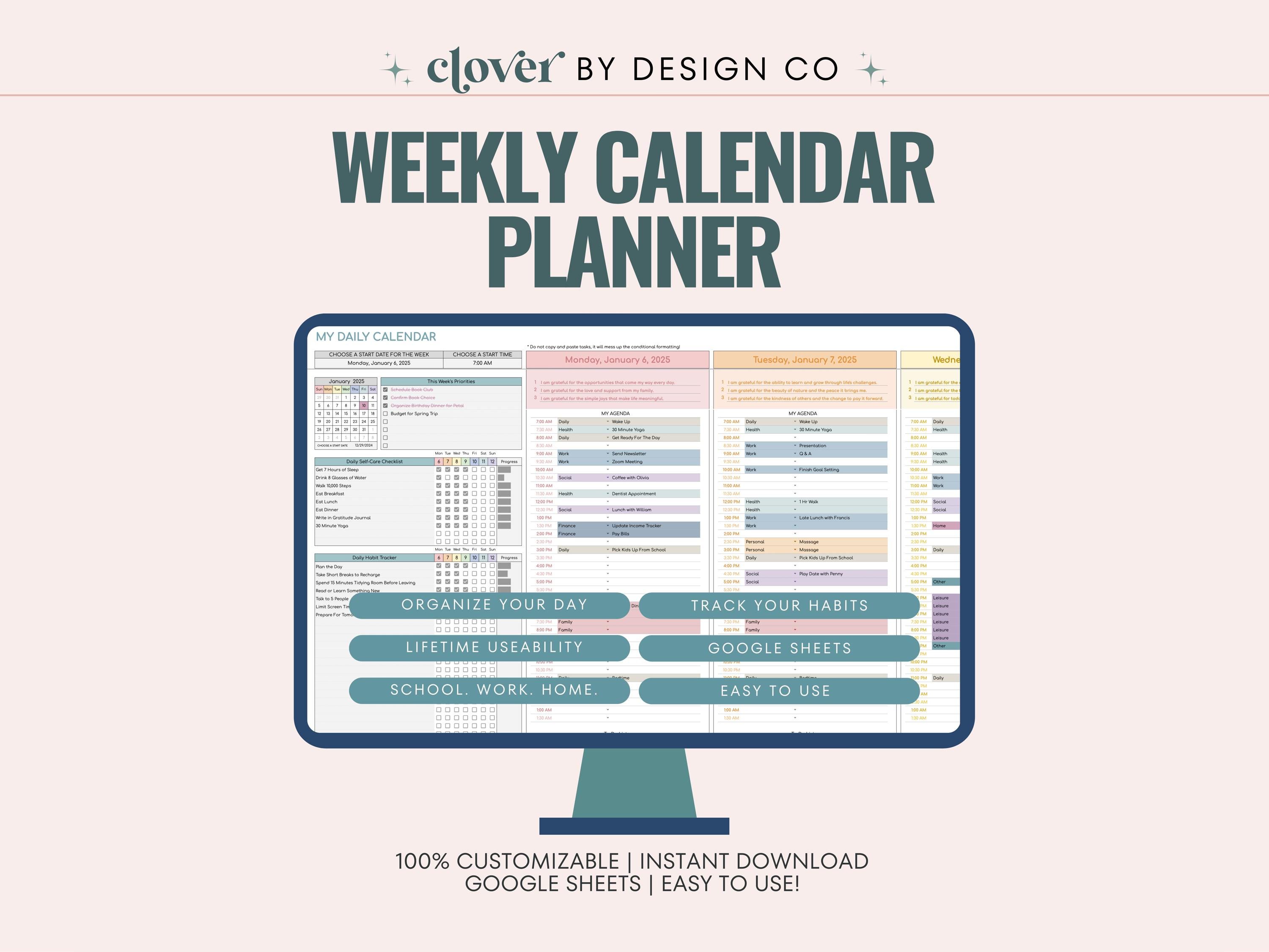 Weekly Digital Planner: Google Sheets Calendar, Habit & Task Tracker ...
