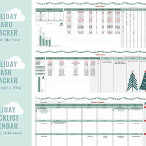 May include: A printable holiday planner with green and red accents. The planner includes sections for a card tracker, task tracker, and checklist calendar. The text "HOLIDAY CARD TRACKER Use Year After Year" is at the top of the page.