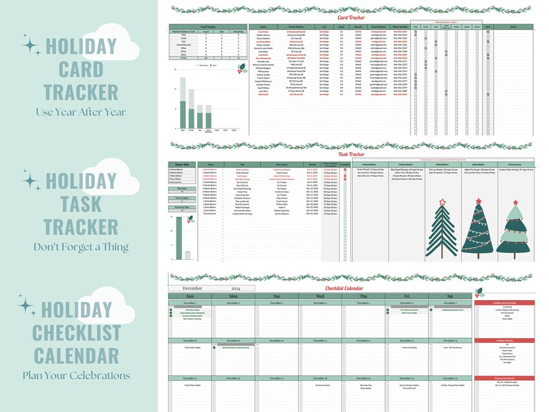 May include: A printable holiday planner with green and red accents. The planner includes sections for a card tracker, task tracker, and checklist calendar. The text "HOLIDAY CARD TRACKER Use Year After Year" is at the top of the page.