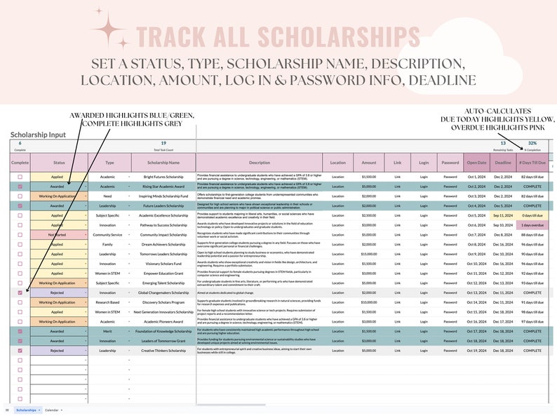 Scholarship Tracker Google Sheets: College, University, Application ...