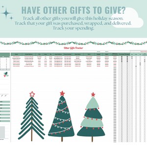 May include: A printable Christmas gift tracker spreadsheet with a green and red color scheme. The spreadsheet includes columns for name, address, email, phone number, description, store, budget, spent, difference, purchased, wrapped, and delivered. The spreadsheet also includes a graph showing the total budget, total spent, and total remaining.