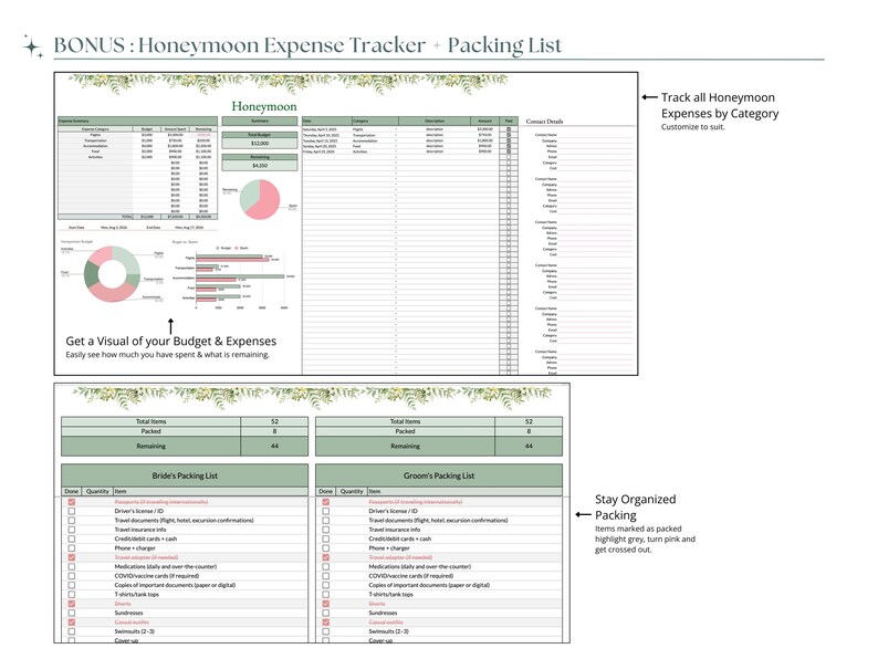 May include: A digital honeymoon expense tracker and packing list. The document includes sections for budgeting, expense tracking, and packing lists for the bride and groom. The design is light green and white with floral accents. The text includes instructions and labels.