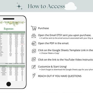 May include: A smartphone displays a spreadsheet titled "Expenses" with categories and amounts. Instructions on how to access the spreadsheet are listed to the right, including steps to open an email, PDF, and Google Sheets template. The text also includes a link to YouTube video instructions.