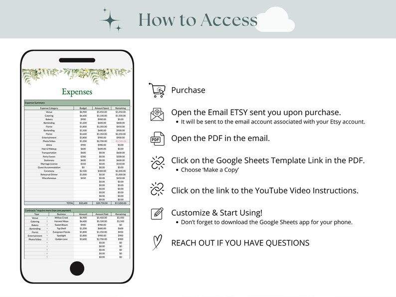 May include: A smartphone displays a spreadsheet titled "Expenses" with categories and amounts. Instructions on how to access the spreadsheet are listed to the right, including steps to open an email, PDF, and Google Sheets template. The text also includes a link to YouTube video instructions.