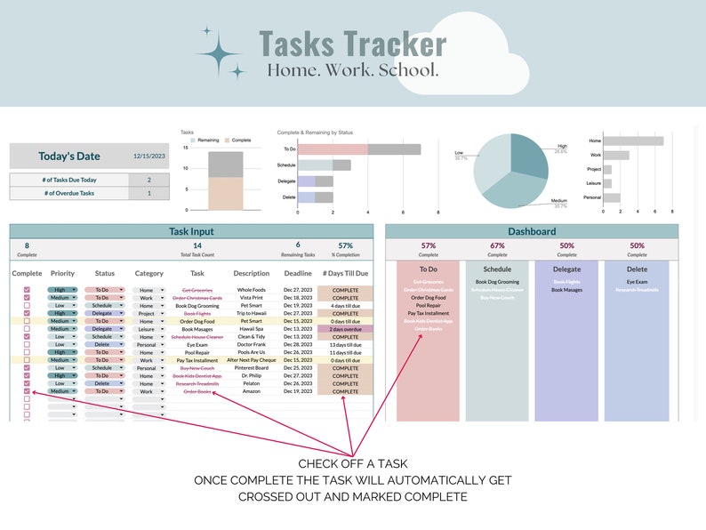 Task Sections Task Tracker Google Sheets: To-do List, Work, Home, School (digital ...