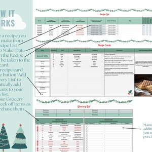 May include: A green and white printable planner with a Christmas theme. The planner includes sections for recipe lists, grocery lists, and recipe cards. The planner is designed to help you plan and organize your holiday meals.