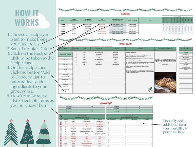 May include: A green and white printable planner with a Christmas theme. The planner includes sections for recipe lists, grocery lists, and recipe cards. The planner is designed to help you plan and organize your holiday meals.
