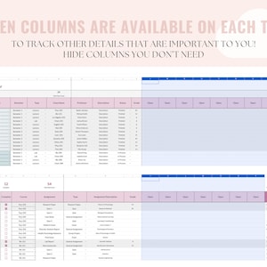 May include: A spreadsheet template for tracking courses, with columns for year, semester, type, class name, professor, description, status, grade, and open dates. The spreadsheet has a pink and blue color scheme.