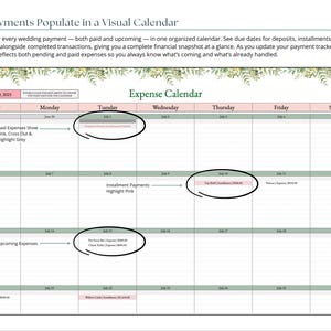 May include: An expense calendar for July 2025, with a pink and green color scheme. The calendar displays dates, with entries for expenses and payment due dates. Text at the top reads "All Payments Populate in a Visual Calendar."