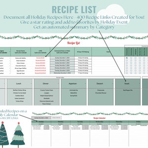 May include: A green and white printable planner with a Christmas theme. The planner includes a list of recipes, a calendar, and a section for rating recipes. The text on the planner says "Recipe List" and "Document all Holiday Recipes Here".