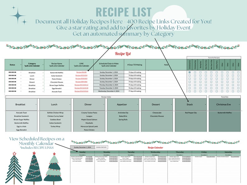 May include: A green and white printable planner with a Christmas theme. The planner includes a list of recipes, a calendar, and a section for rating recipes. The text on the planner says "Recipe List" and "Document all Holiday Recipes Here".