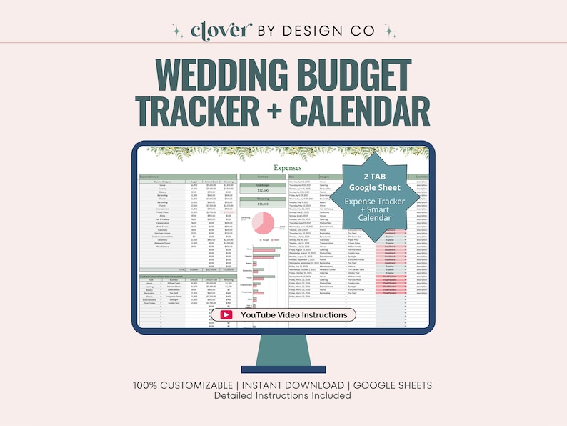 Wedding Budget Planner: Google Sheets Expense Tracker with Calendar (Digital Download, Editable) image 1