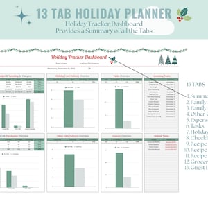 May include: A green and white holiday planner dashboard with 13 tabs, including a summary, family stockings, family gifts, other gifts, expenses, tasks, holiday cards, checklist calendar, recipe list, recipe calendar, recipe cards, grocery list, and guest list. The dashboard includes charts and graphs to track progress.