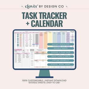Suivi des tâches Google Sheets : calendrier mensuel et planificateur d'habitudes (téléchargement numérique)