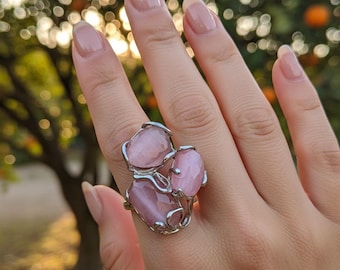 Rose Quartz Ring, Statement Ring with Large Stones, Romantic Cocktail Jewelry, Adjustable Three Stone Ring, Unique Handmade