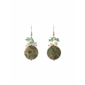 Green Spotted Agate and Pearl Earrings, Ethnic Style Drop Earrings, Boho Chic Jewelry with Natural Stones, Unique Gift for Women