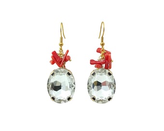 Coral and Crystal Earrings, Mediterranean Red Coral Earrings, Summer Jewelry, Gold-Plated Drop Earrings, Handmade