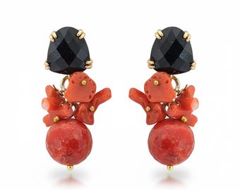 Coral and Pearl Earrings, Original Red Coral, Elegant Pendant Jewel, Onyx Crystal Pin, Handmade in Italy, Gift for Mom