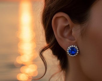 Blue Stud Earrings, Sapphire Crystal Light Point, Zircon Earrings, Ceremony Jewelry, Bridesmaid Gift, Classic Style