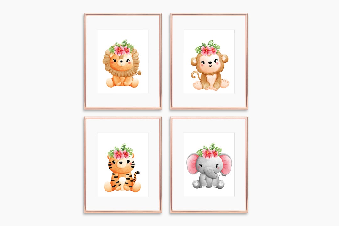 Set of 4 Baby Animal Safari Floral Nursery Wall Prints / Digital ...