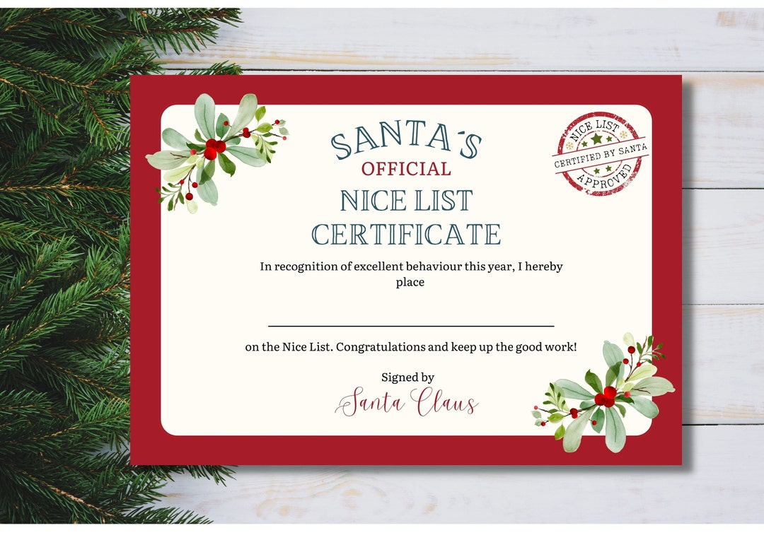 Printable Nice List Certificate From Santa Claus / Digital Download ...