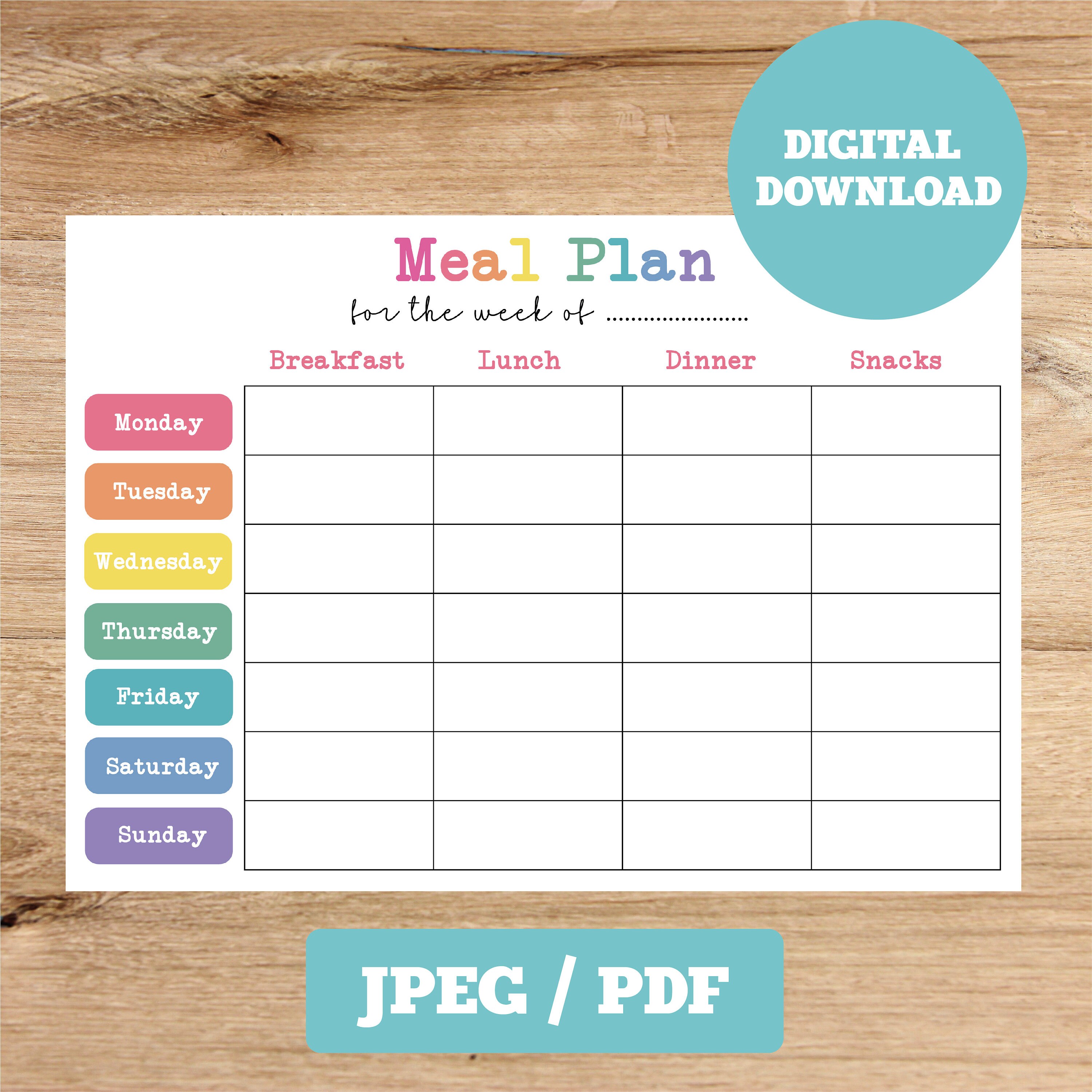 Printable Weekly Menu Planner - Digital Download / Rainbow Menu Planner ...